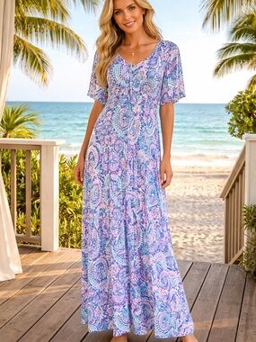 Lilly Pulitzer Pastel Blue Pink Purple Paisley Maxi Dress Minka sleeve $85